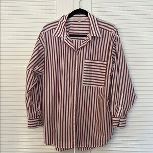 LOFT Red and White Striped Button Down Shirt